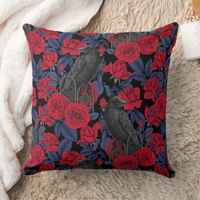 Raven en rozen met donkerblauwe bladeren kussen (Deken)