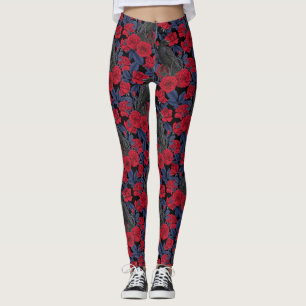 Raven en rozen met donkerblauwe bladeren leggings