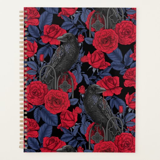 Raven en rozen met donkerblauwe bladeren planner (Voorkant)