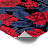 Raven en rozen met donkerblauwe bladeren poster (Hoek)