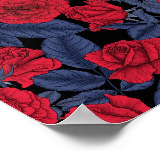 Raven en rozen met donkerblauwe bladeren poster (Hoek)