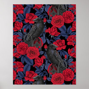 Raven en rozen met donkerblauwe bladeren poster