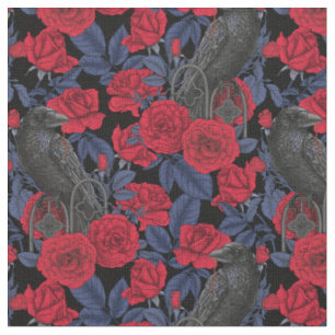 Raven en rozen met donkerblauwe bladeren stof