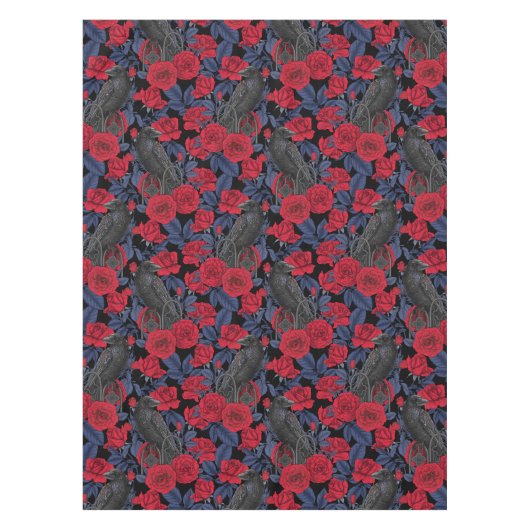 Raven en rozen met donkerblauwe bladeren tafelkleed (Voorkant)
