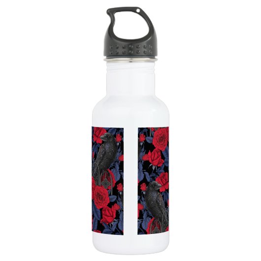 Raven en rozen met donkerblauwe bladeren waterfles (Achterkant)