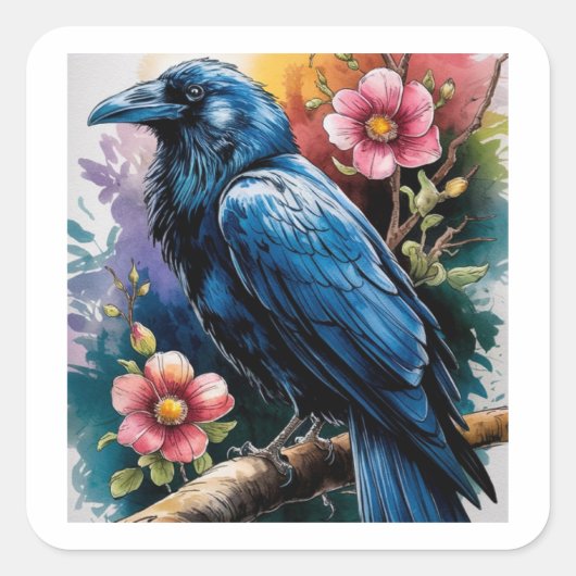 Raven en Rozen Waterverf Vierkante Sticker (Voorkant)