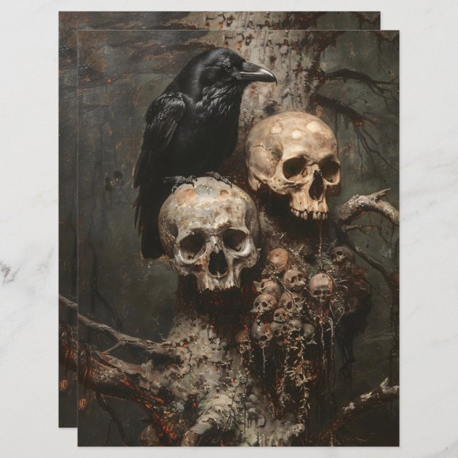Raven en Skulls Spooky Scrapbook Paper (Voorkant / Achterkant)