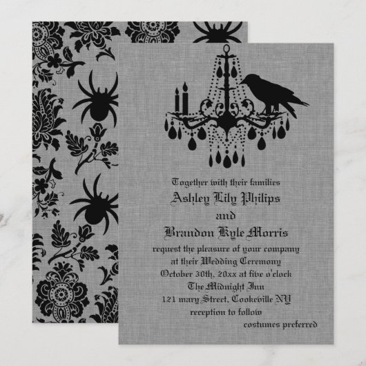 Raven en Spider Damask Grey Linen Wedding Uitnodig Kaart (Voorkant / Achterkant)