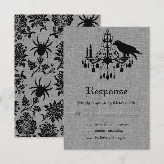 Raven en Spider Damask Grijs Linnen RSVP Kaartje (Voorkant / Achterkant)