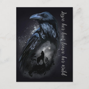 Raven en wolf die op de maan huilen briefkaart