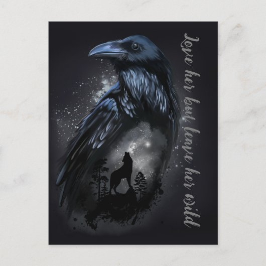 Raven en wolf die op de maan huilen briefkaart (Voorkant)