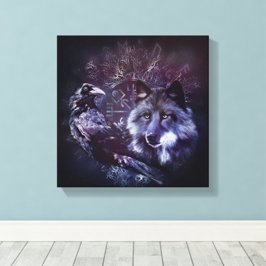 Raven en Wolf - Vegvisir en Tree of life Canvas Afdruk (Insitu (Houten vloer))