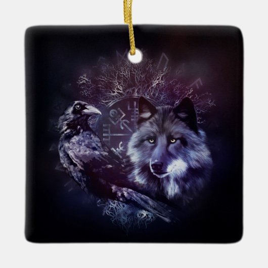 Raven en Wolf - Vegvisir en Tree of life Keramisch Ornament (Voorkant)
