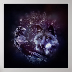 Raven en Wolf - Vegvisir en Tree of life Poster
