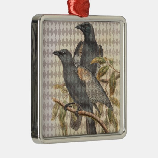  Raven Ephemera op Taupe Harlequin Pattern Metalen Ornament (Rechts)