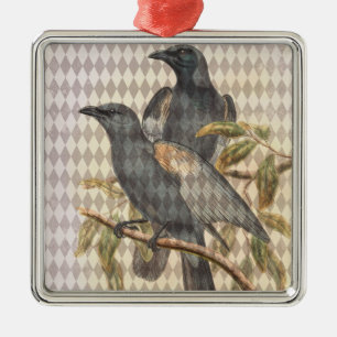 Raven Ephemera op Taupe Harlequin Pattern Metalen Ornament