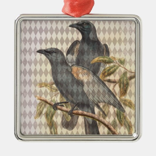 Raven Ephemera op Taupe Harlequin Pattern Metalen Ornament (Voorkant)