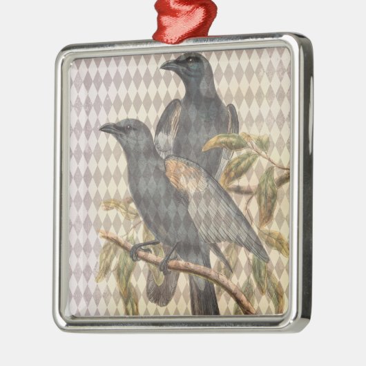  Raven Ephemera op Taupe Harlequin Pattern Metalen Ornament (Links)