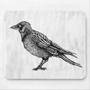 Raven Gothic Black en White Horror Ink Tekening Muismat