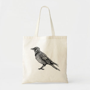 Raven Gothic Black en White Horror Ink Tekening Tote Bag