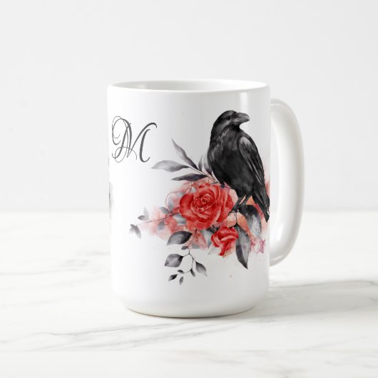 Raven Gothic Rozen Waterverf Fantasy Art Monogram Koffiemok (Voorkant rechts)