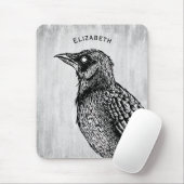 Raven Gothic Zwart Wit Creepy Vogel Tekening Naam Muismat (Met muis)