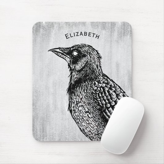 Raven Gothic Zwart Wit Creepy Vogel Tekening Naam Muismat (Met muis)