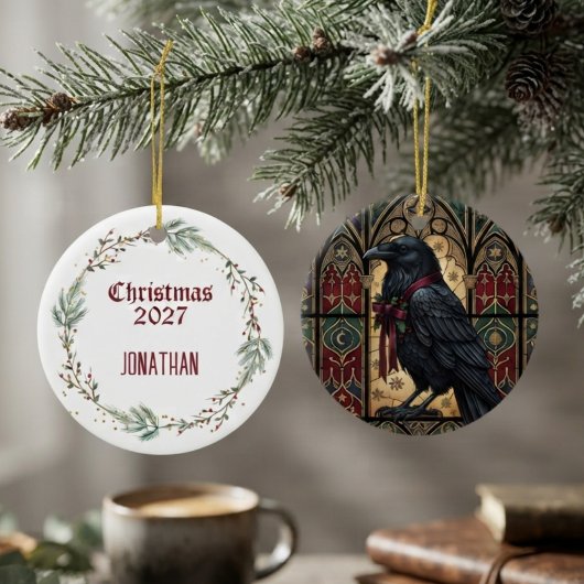 Raven Gotische Glas-in-Lood Keramisch Ornament