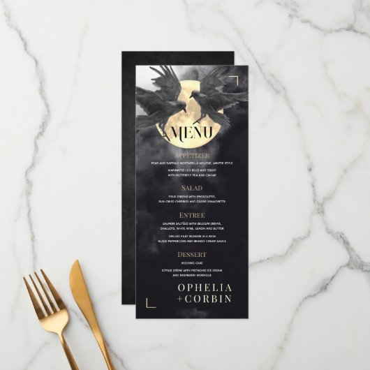 Raven & Gouden Maan Gotische Bruiloft Menu (Voorkant / Achterkant in situ)