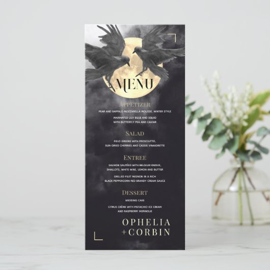 Raven & Gouden Maan Gotische Bruiloft Menu (Staand voorkant)