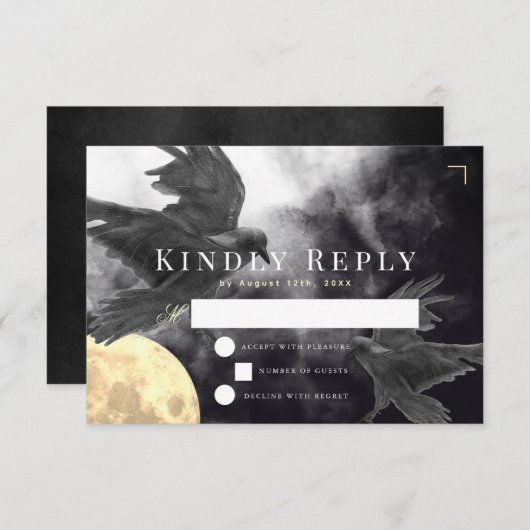 Raven & Gouden Maan Gotische Bruiloft RSVP Kaartje (Voorkant / Achterkant)