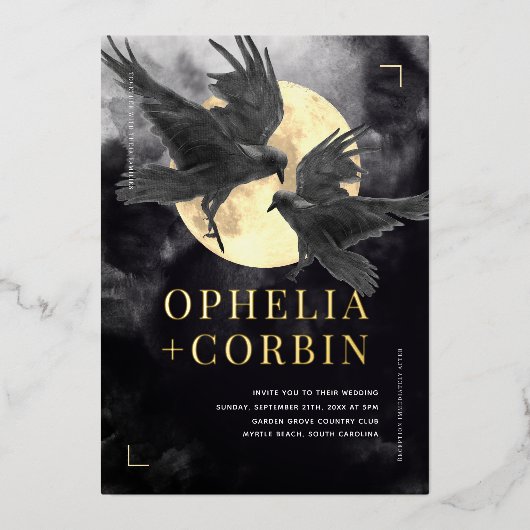 Raven & Gouden Maan Zwart Gotische Bruiloft Folie Uitnodiging (Voorkant)