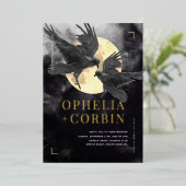 Raven & Gouden Maan Zwart Gotische Bruiloft Folie Uitnodiging (Staand Voorkant)