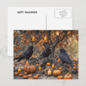 Raven Halloween met pompoenen en kaarsen Feestdagenkaart (Voorkant / Achterkant)