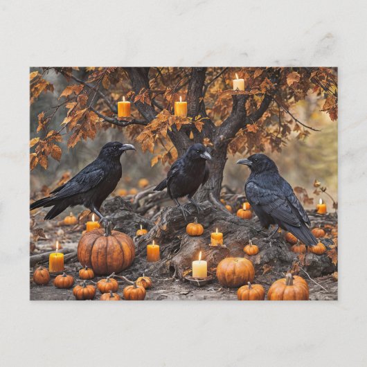 Raven Halloween met pompoenen en kaarsen Feestdagenkaart (Voorkant)