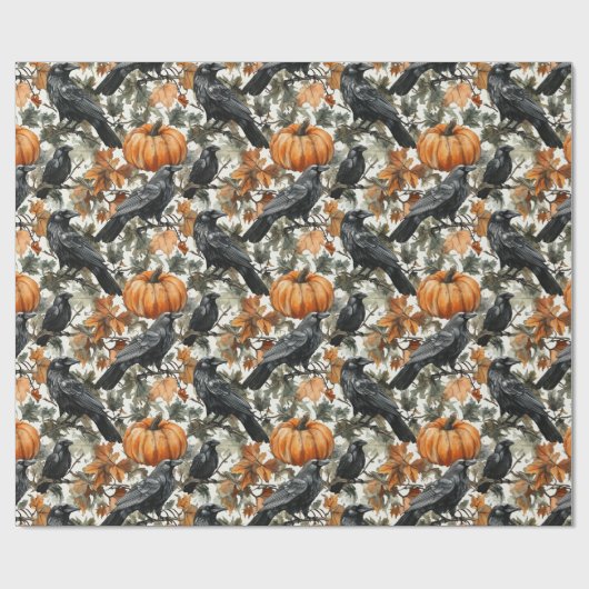 Raven Halloween Pumpkins Waterverf Herfst Cadeaupapier (Vlak)