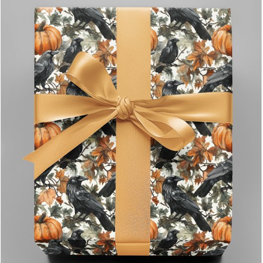 Raven Halloween Pumpkins Waterverf Herfst Cadeaupapier