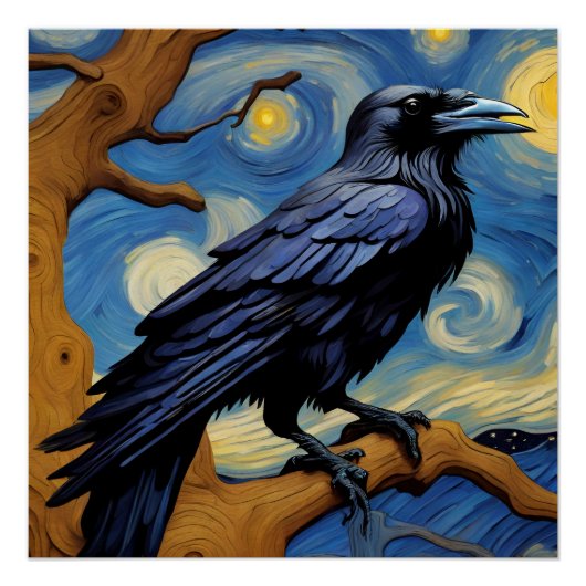 Raven in de oude eik in een sterrennacht perfect poster (Voorkant)