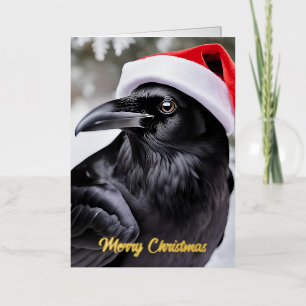 Raven in een kerstmuts folie wenskaart