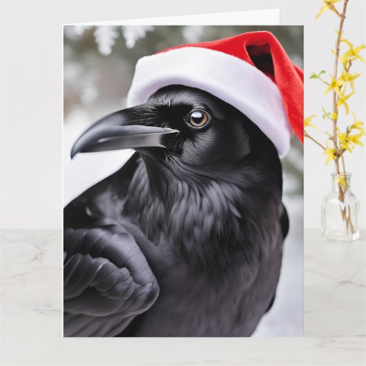 Raven in een kerstmuts kaart (Gele Bloem)