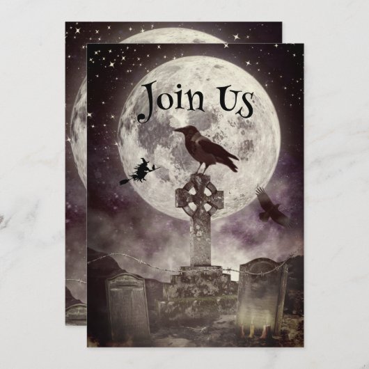 Raven in het kerkhof Halloween Party uitnodiging (Voorkant / Achterkant)