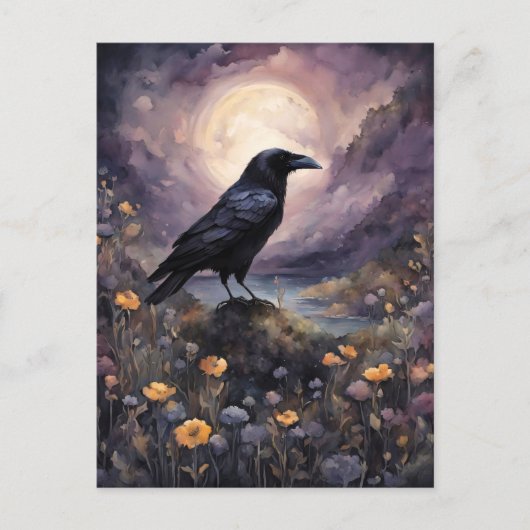 Raven in het maanlicht Waterverf Briefkaart (Voorkant)
