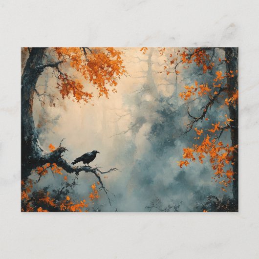 Raven in het Misty Autumn Forest Briefkaart (Voorkant)