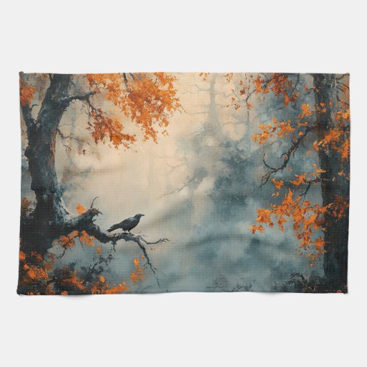 Raven in het Misty Autumn Forest Theedoek (Horizontaal)