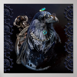 Raven in steampunk-stijl. Waterverf tekening Poster