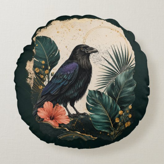 Raven in the Emerald Garden Rond Kussen (Voorkant)