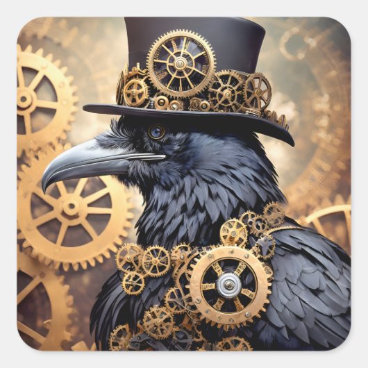 Raven in Top Hat Steampunk Art Vierkante Sticker (Voorkant)