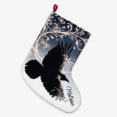 Raven in vlucht Wintery Blauw Wit Swirl Elegant Grote Kerstsok (Voorkant (Hangend))