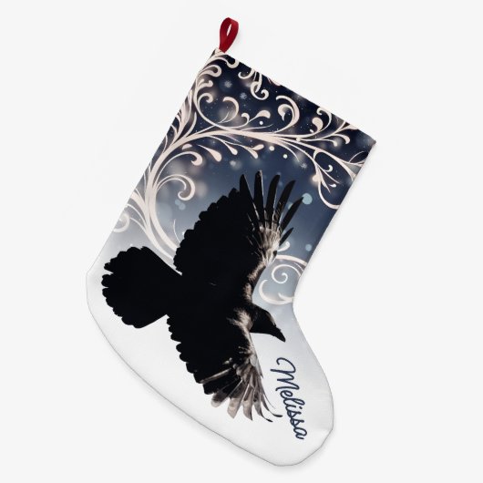 Raven in vlucht Wintery Blauw Wit Swirl Elegant Grote Kerstsok (Voorkant (Hangend))
