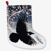 Raven in vlucht Wintery Blauw Wit Swirl Elegant Grote Kerstsok (Voorkant)
